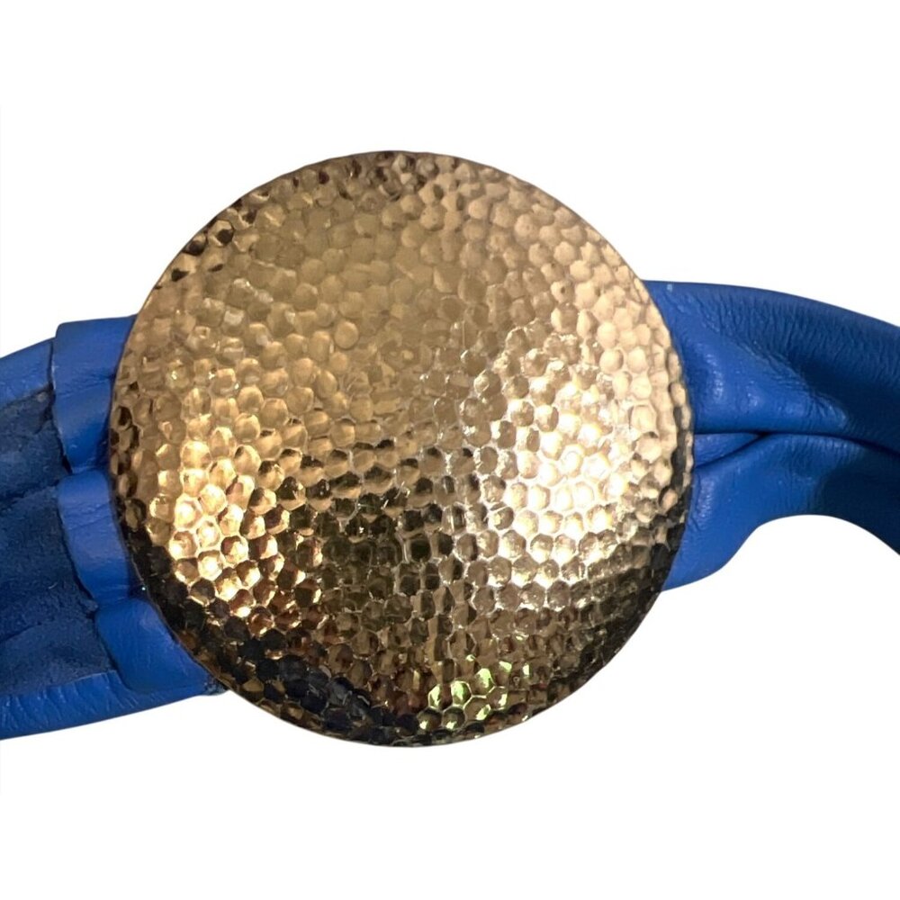Vtg Blue Leather‎ Belt With Hammered Gold Tone Buckle 30" Adjustable Length READ